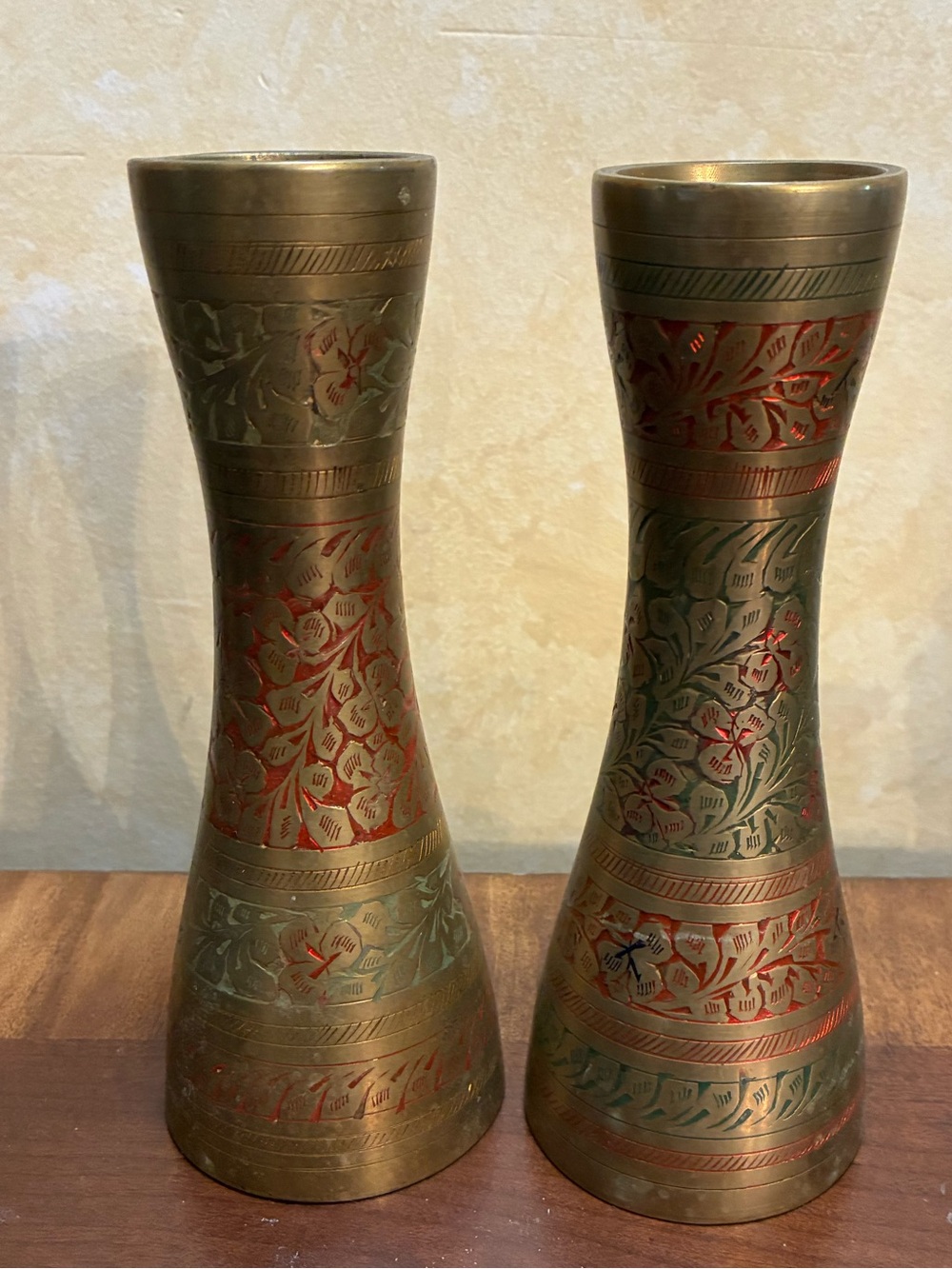 Pair of Etched Brass Vases